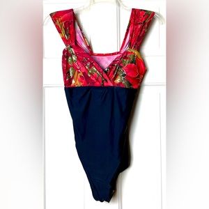Vintage Beach Bay Womens Swimsuit Size 14 Red & Black Floral Gold Metallic